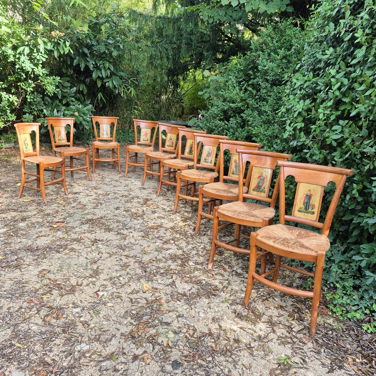 Set Of 10 Directoire Period Straw-seated Chairs In Painted Sheet Metal -photo-4