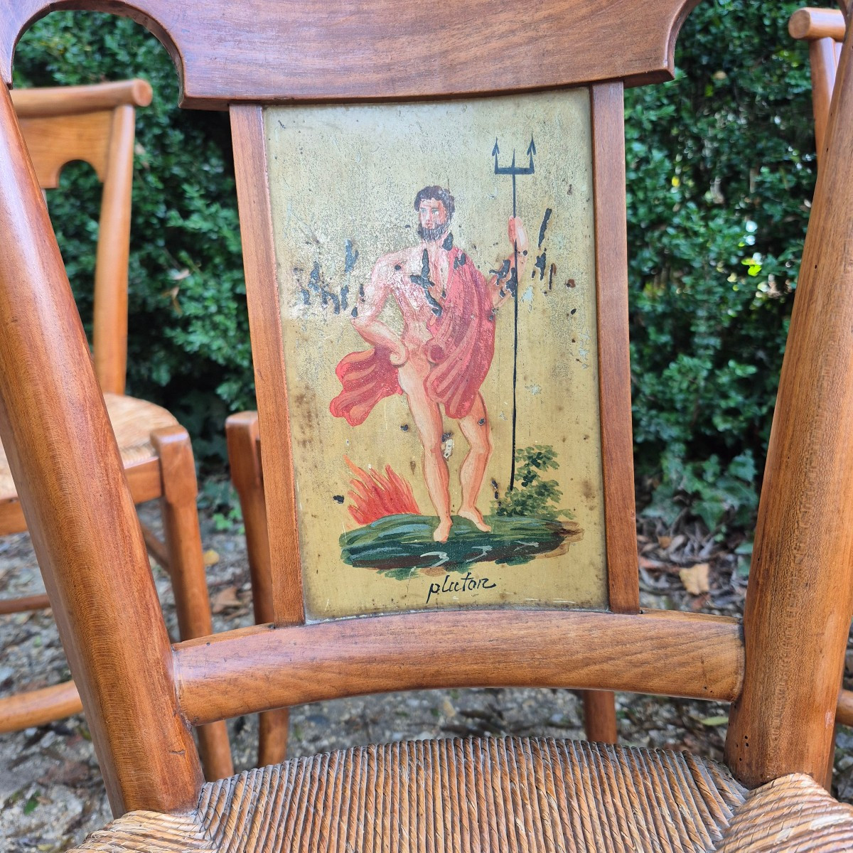 Set Of 10 Directoire Period Straw-seated Chairs In Painted Sheet Metal -photo-1