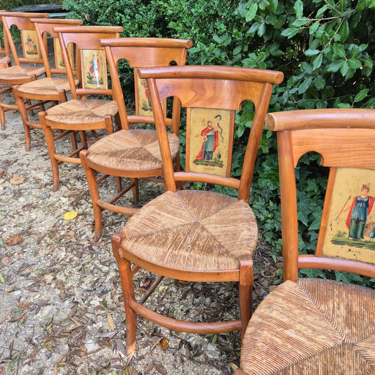 Set Of 10 Directoire Period Straw-seated Chairs In Painted Sheet Metal 