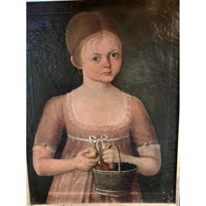 Old Painting Portrait Of A Little Girl With A Basket Of Fruit Directoire Period