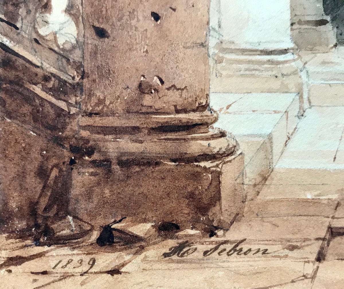 Hippolyte Sebron (1801 – 1879) - Interior Of Convent - Ink, Pen And Wash - Signed - 1839-photo-3