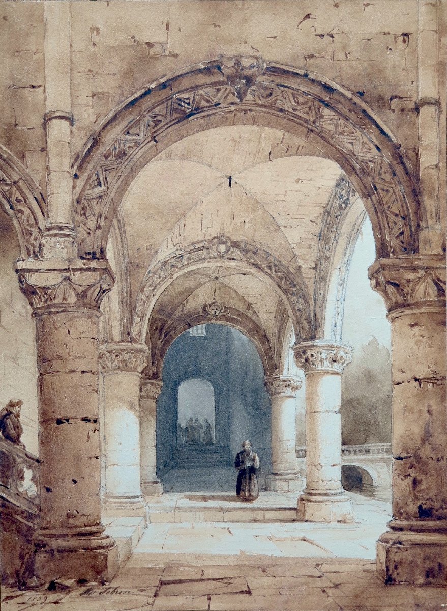 Hippolyte Sebron (1801 – 1879) - Interior Of Convent - Ink, Pen And Wash - Signed - 1839