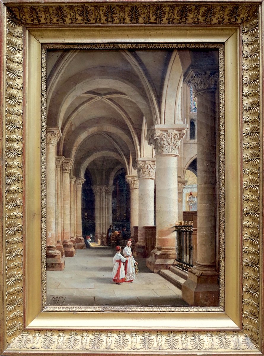 Alexis Milon (1784 – Après 1858) - Vue intérieure de Saint-Germain-des-Prés, Paris - Huile