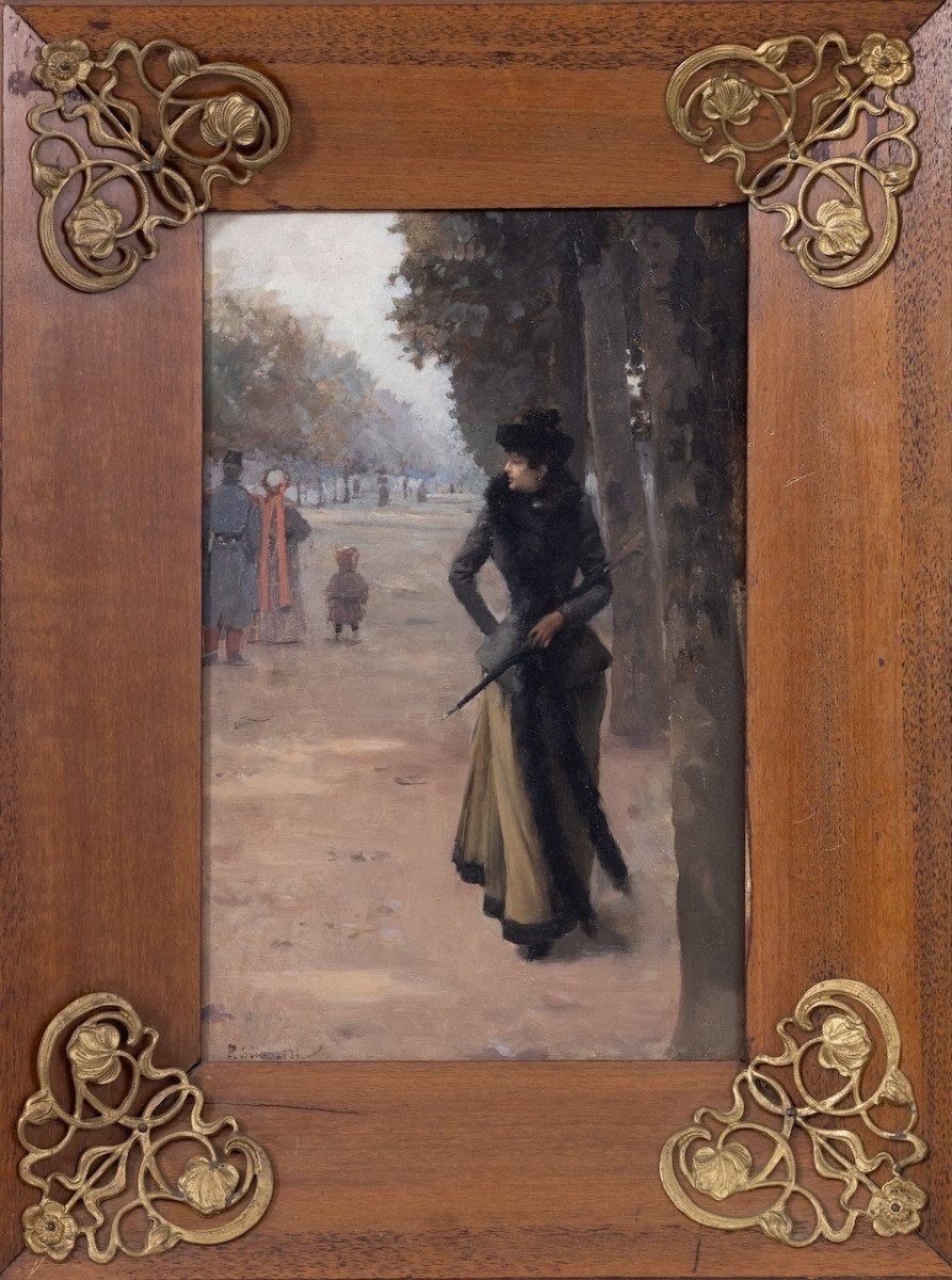 Paul Sinibaldi (1857–1909) - Élégante parisienne déambulant dans un jardin public - Huile