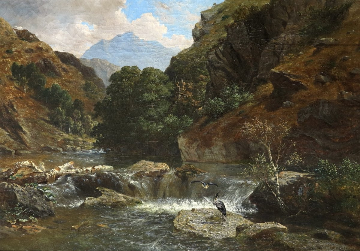 Alexandre Francia (1817–1884) - Hérons aux abords d’une cascade - Huile-photo-2