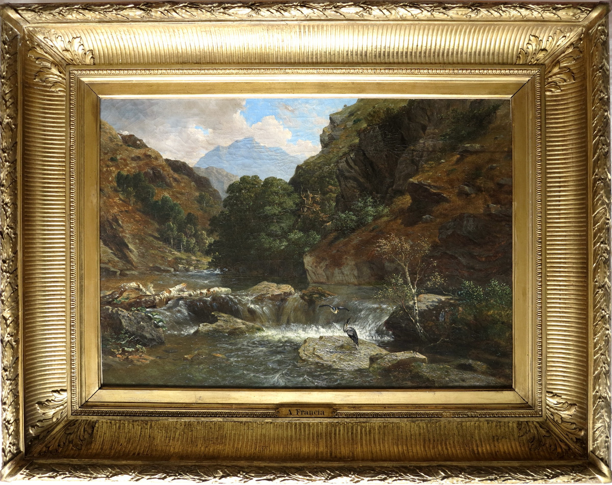 Alexandre Francia (1817–1884) - Hérons aux abords d’une cascade - Huile