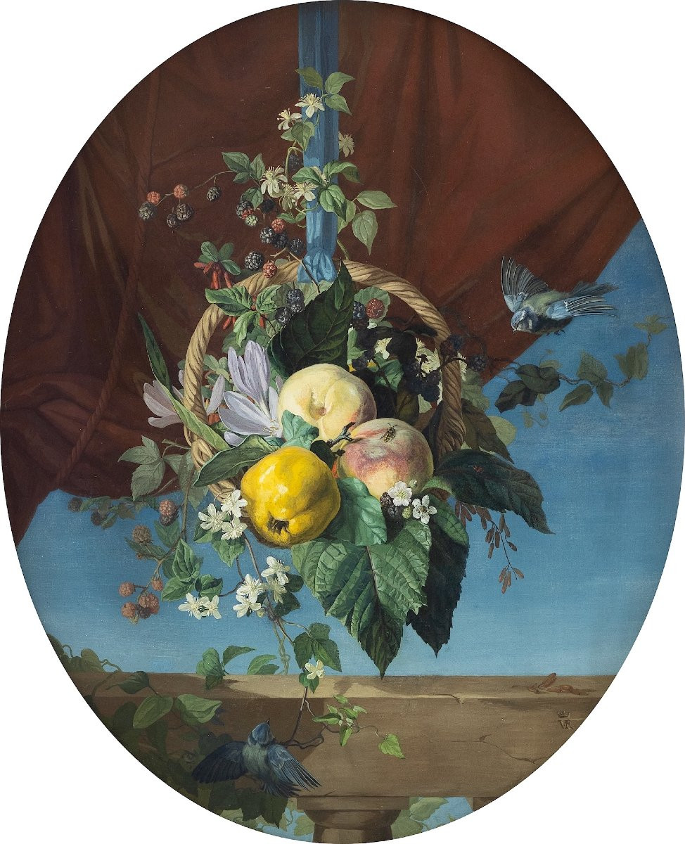 Monogrammiste V. R. - Nature morte au panier de fruits et aux oiseaux  - Tempera sur toile-photo-2
