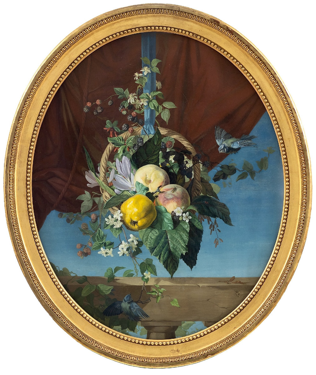 Monogrammiste V. R. - Nature morte au panier de fruits et aux oiseaux  - Tempera sur toile