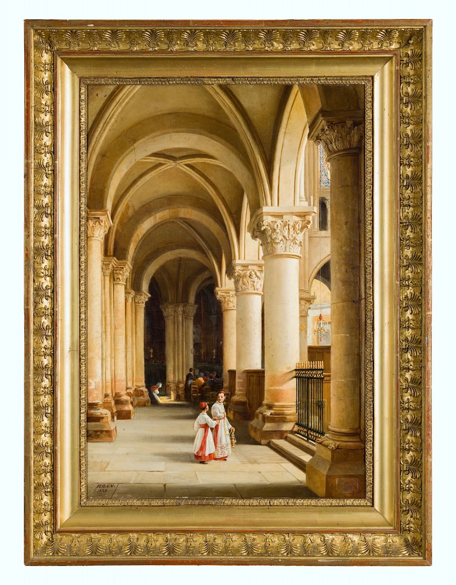 Alexis Milon (1784–after 1858) - Interior View Of Saint-germain-des-prés, Paris - Oil On Canvas