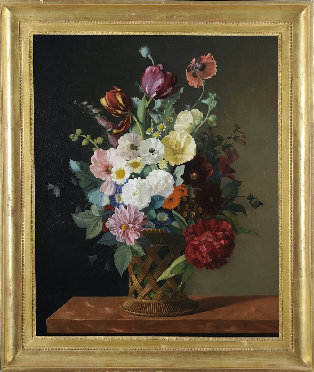 Jean-baptiste Gallet (1820-1848) - Bouquet De Fleurs Dans Un Panier - Huile Sur Toile - Signée