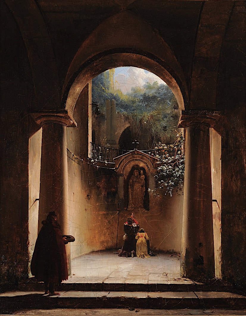 Henri-Édouard Truchot (1798–1822) - Prière à La Vierge Dans Une église En Ruine - Huile Signée-photo-2