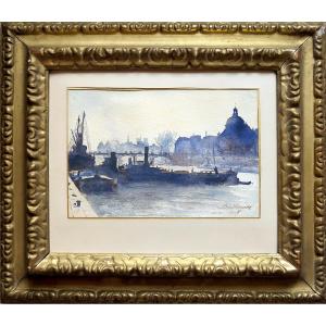 Marcel PRUD’HOMME (1877–1955) - Panorama de Paris sur l’Institut et le Pont des Arts - Encre