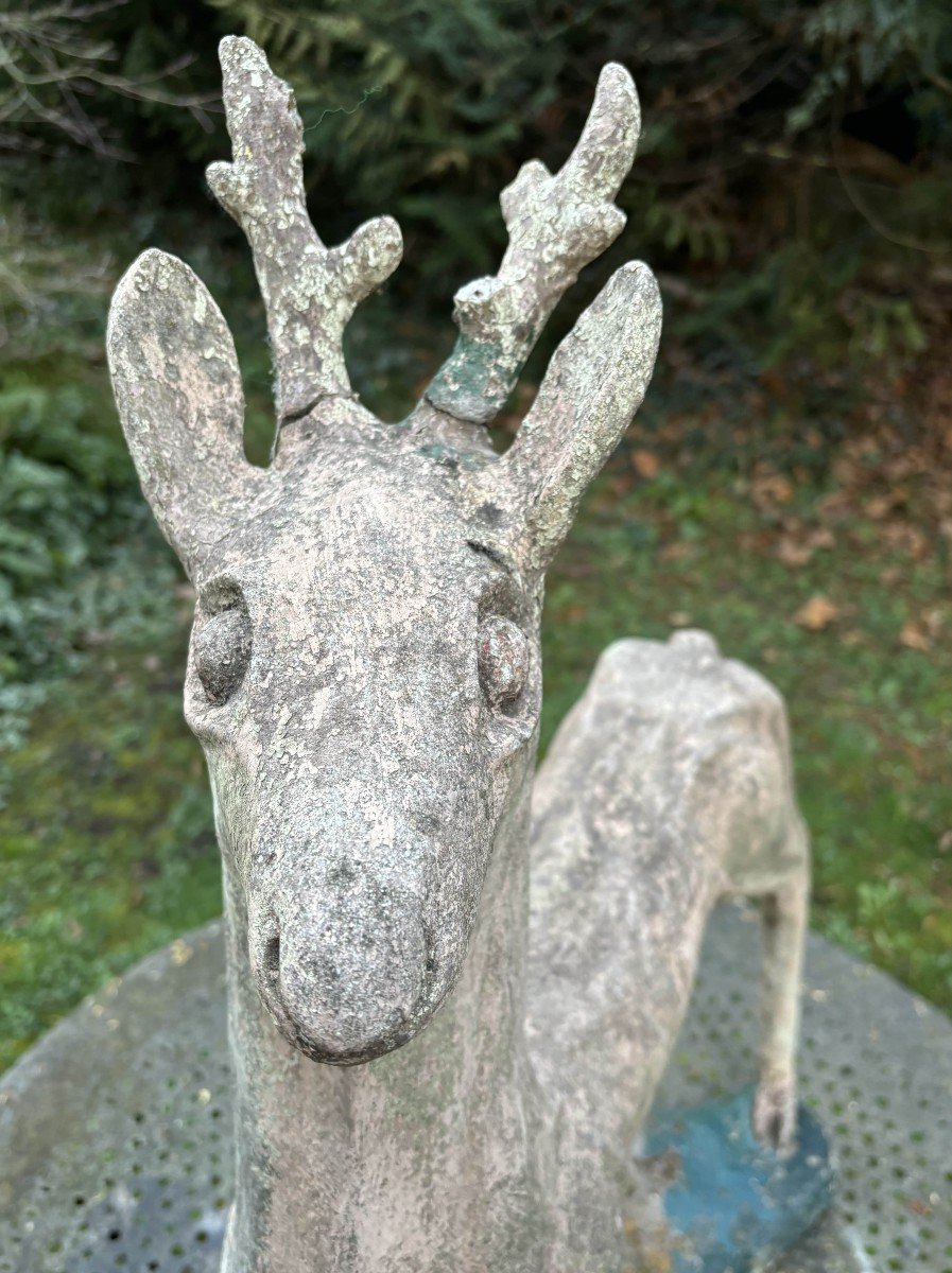 Sculpture Ancienne De Chevreuil En Ciment Patiné, 20e Siècle-photo-4