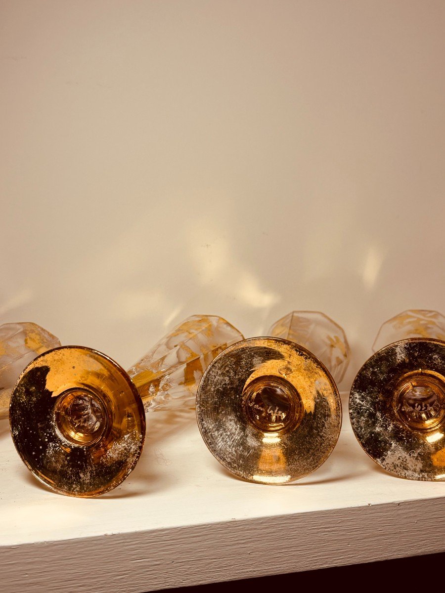 Suite Of Six Golden Crystal Champagne Flutes Signed Van Lith-photo-3