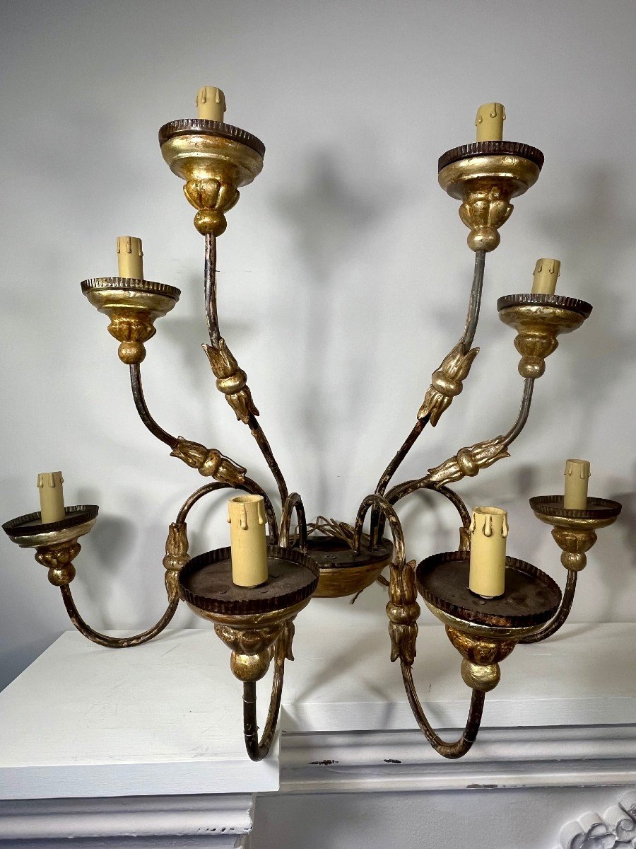 Pair Of Italian Eight-arm Sconces In Golden Wood And Painted Iron, Early 19th Century -photo-2