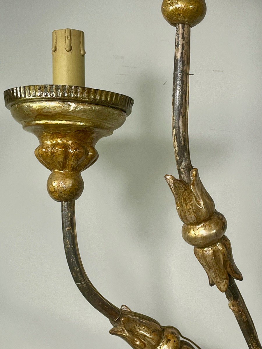 Pair Of Italian Eight-arm Sconces In Golden Wood And Painted Iron, Early 19th Century -photo-3