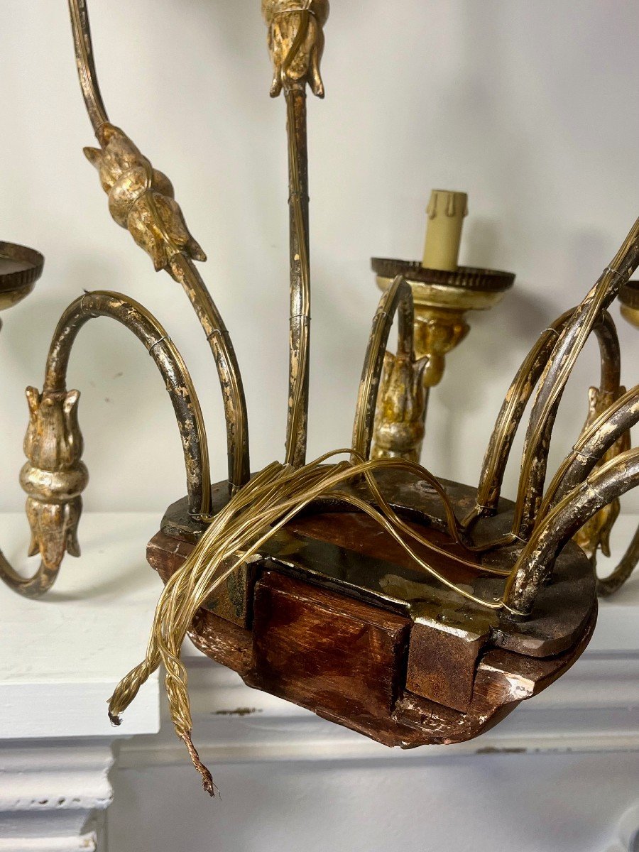 Pair Of Italian Eight-arm Sconces In Golden Wood And Painted Iron, Early 19th Century -photo-2