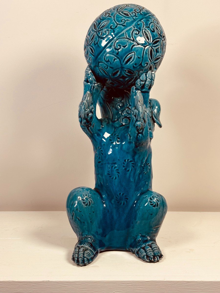 Chien-lion Japonais En Céramique à Glaçure Turquoise-photo-2