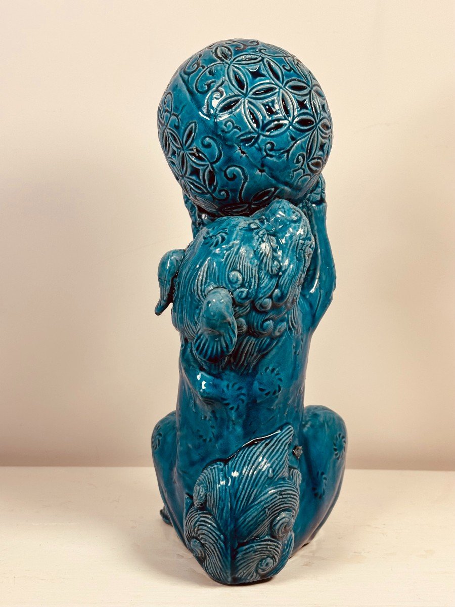 Chien-lion Japonais En Céramique à Glaçure Turquoise-photo-4