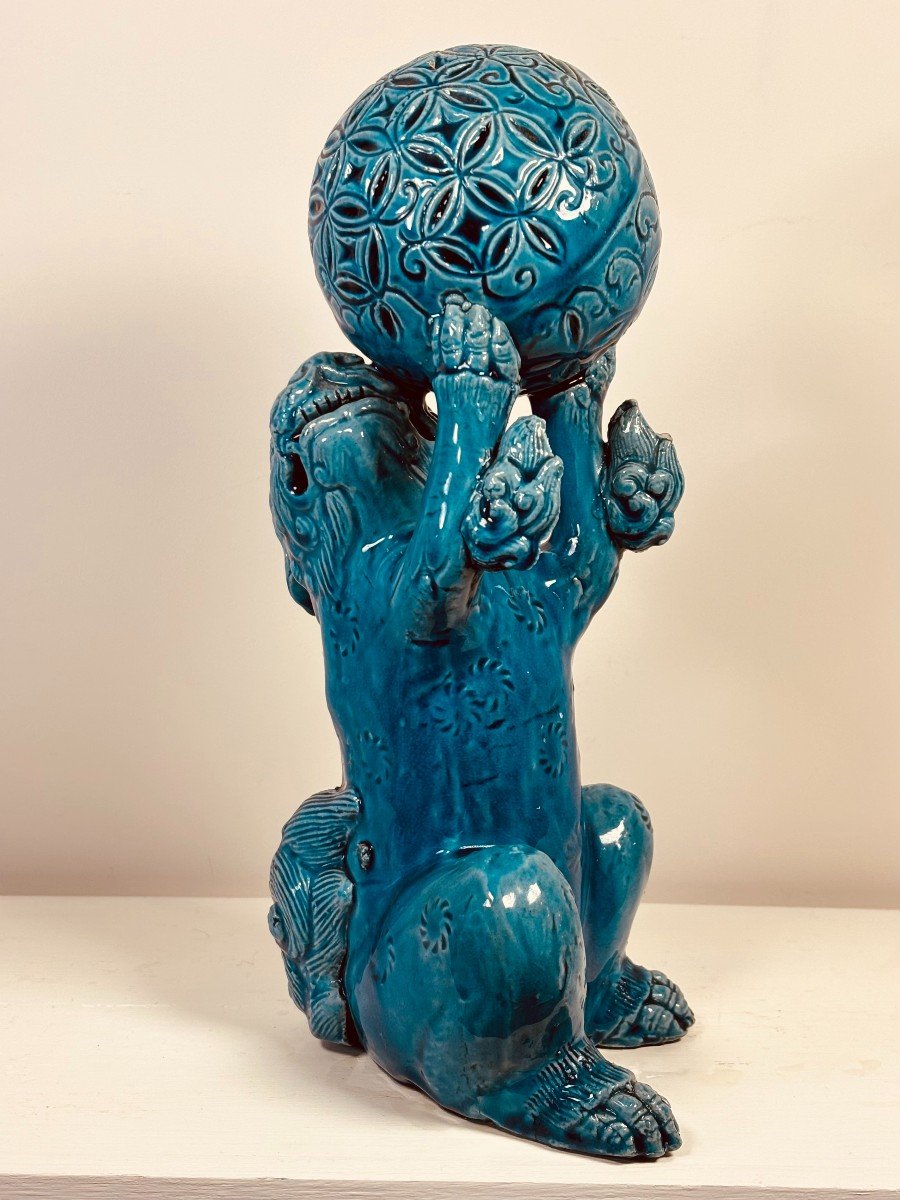 Chien-lion Japonais En Céramique à Glaçure Turquoise-photo-2
