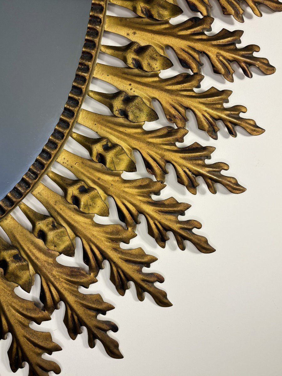 Large Oval Mirror In Golden Painted Sheet Metal, Decorated With Oak Leaves, Mid-20th Century-photo-2
