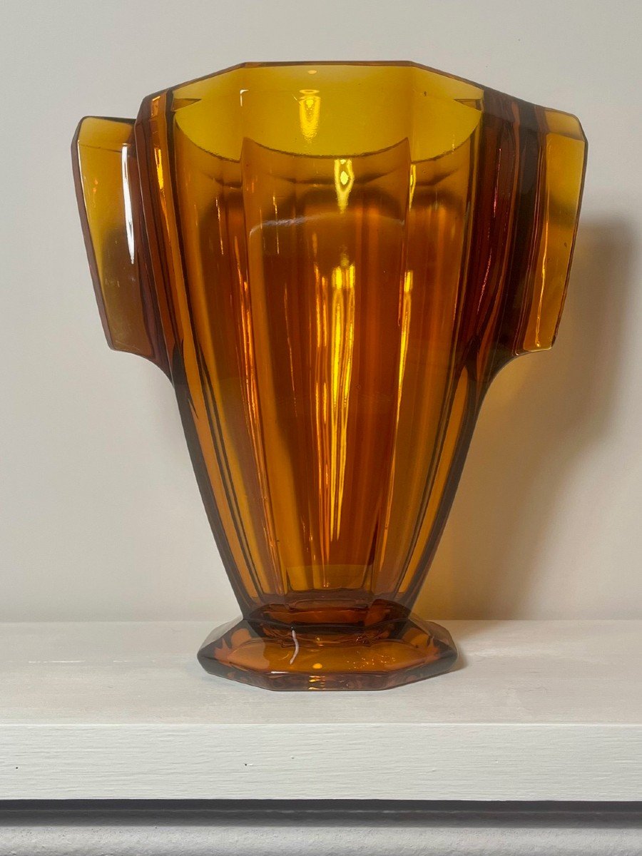 Art Deco Vase In Thick Amber Colored Glass Dating From The 1930s. Czech Republic.