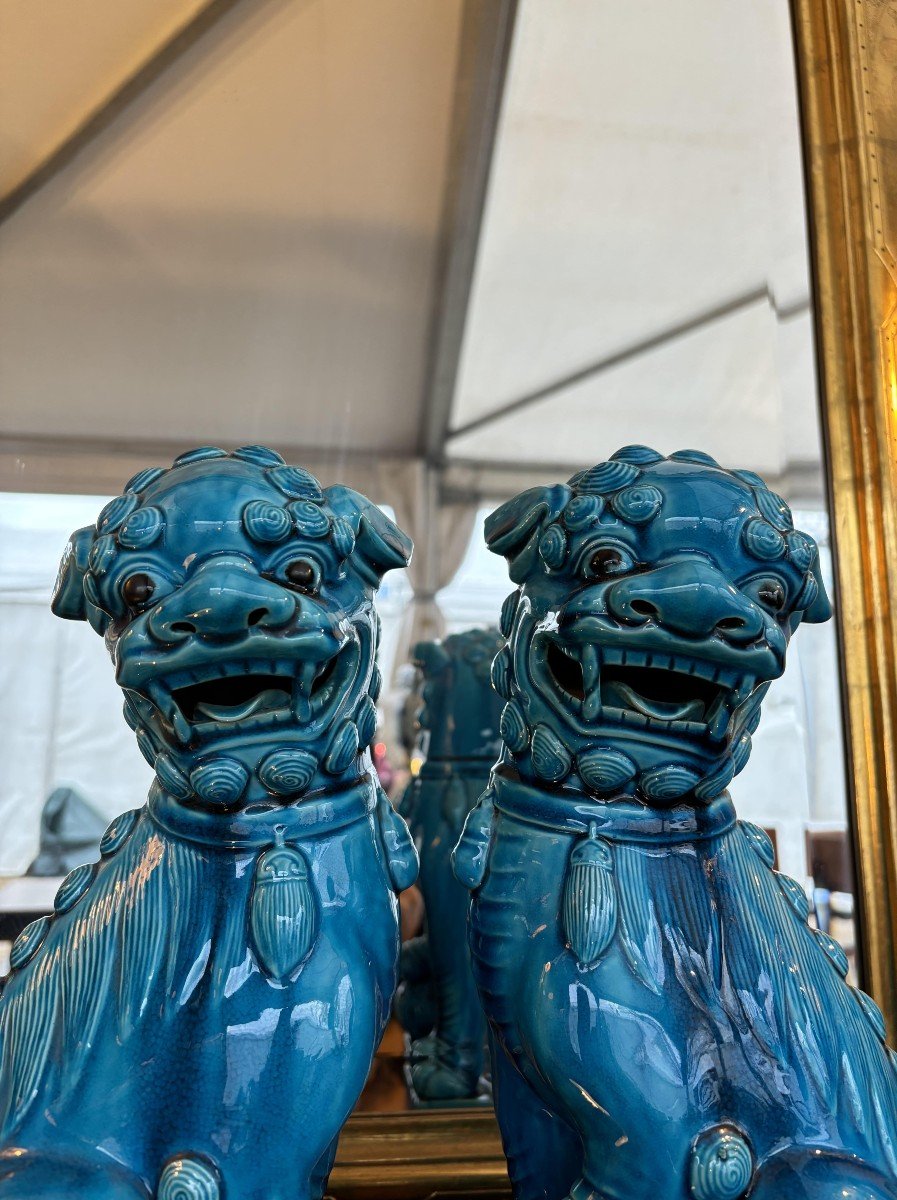 Pair Of Foo Dogs With Turquoise Glaze, China, 20th Century-photo-3