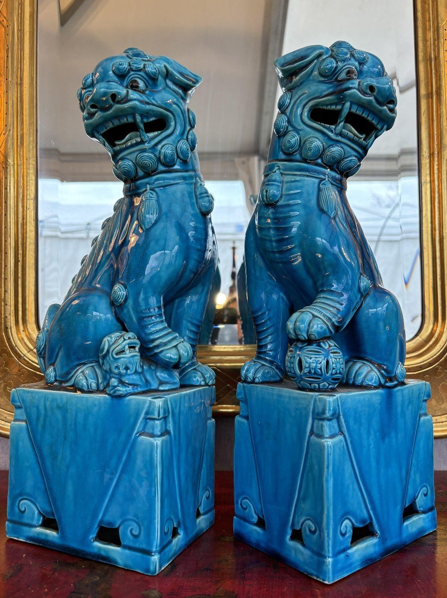 Pair Of Foo Dogs With Turquoise Glaze, China, 20th Century-photo-5