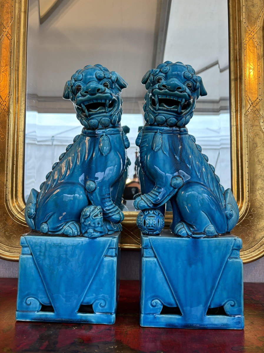 Pair Of Foo Dogs With Turquoise Glaze, China, 20th Century