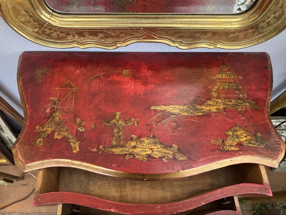 Italian Red Lacquered Chest Of Drawers With Gold Decorations In The Style Of China-photo-2
