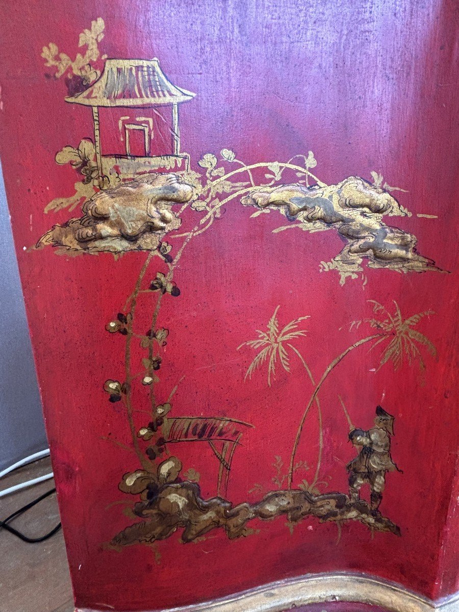 Italian Red Lacquered Chest Of Drawers With Gold Decorations In The Style Of China-photo-2