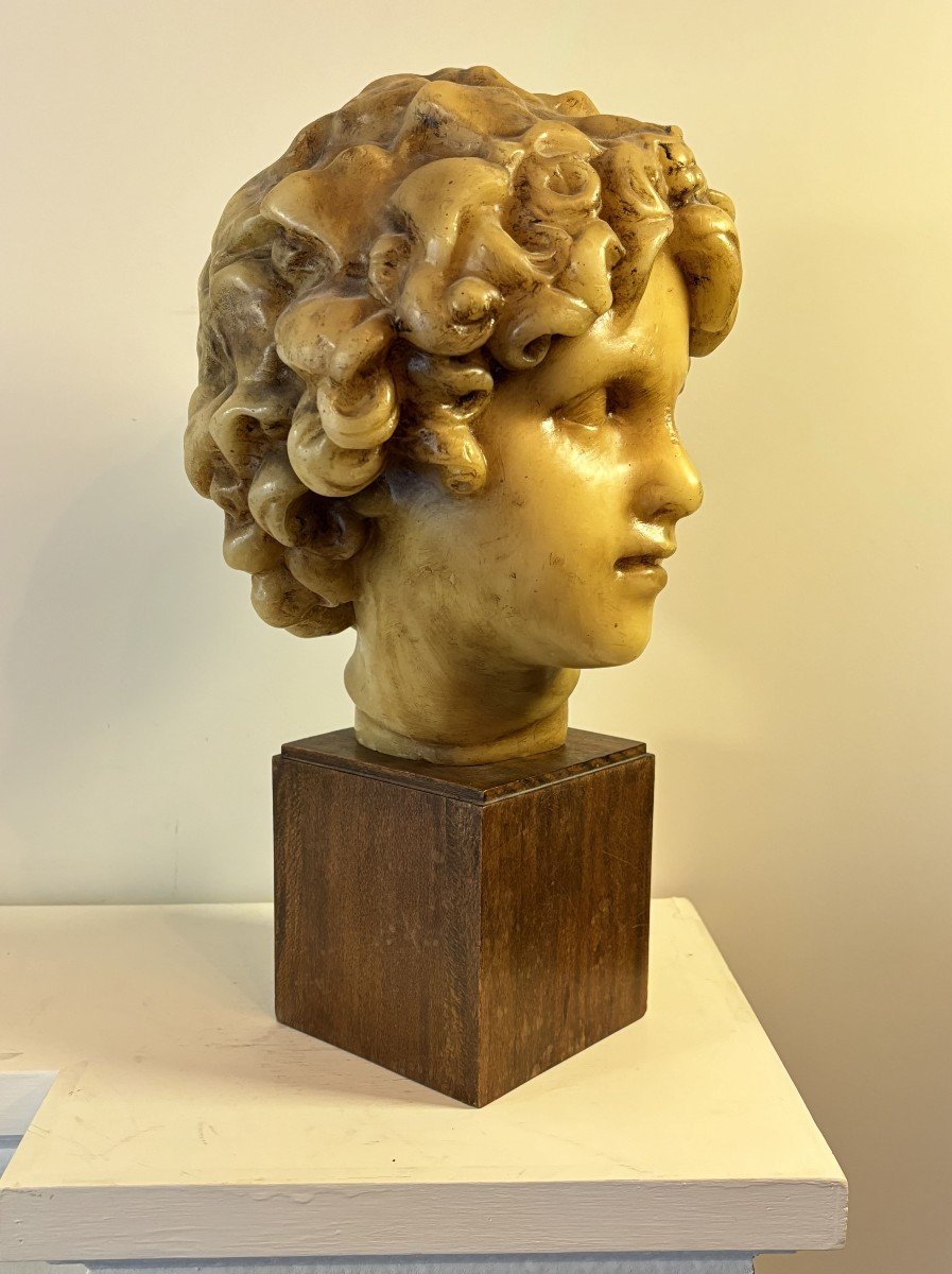 Head Of Ephebe, After The Antique, Wax Proof, Signature At The Base, 20th-photo-3
