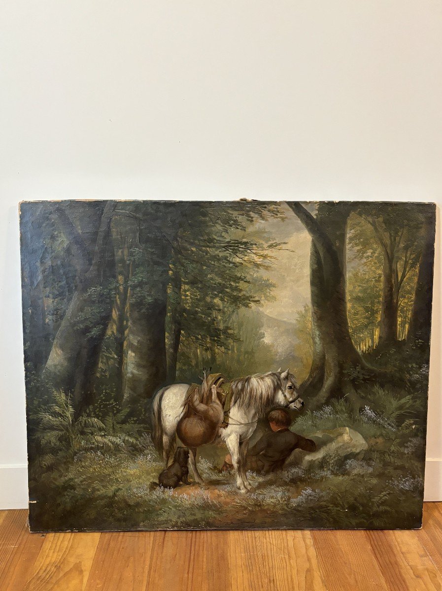 Huile Sur Toile De W. Bates, Chasseur Et Son Cheval Au Repos, 1880 