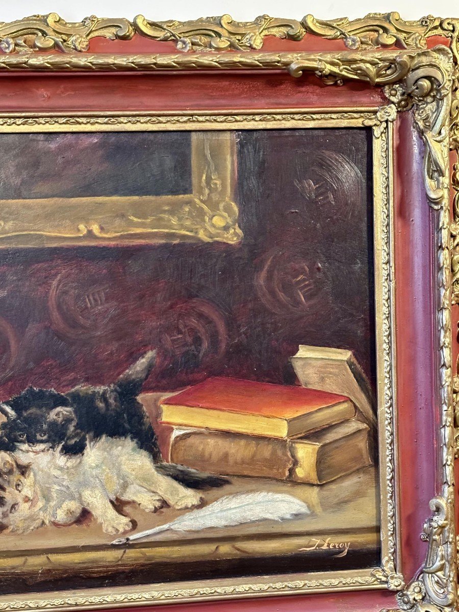 Oil On Panel Cat And Her Kittens, Signed J. Leroy-photo-4