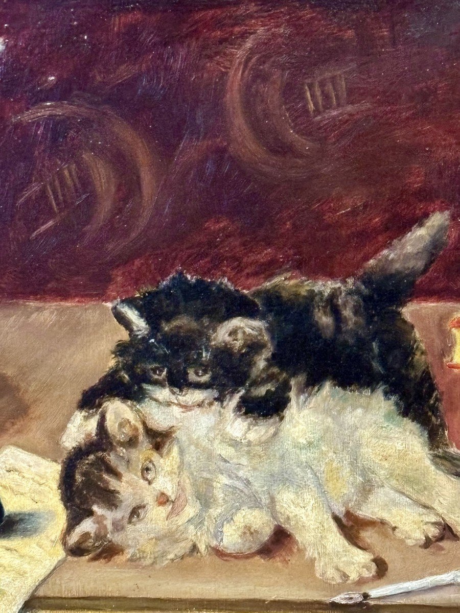 Oil On Panel Cat And Her Kittens, Signed J. Leroy-photo-1
