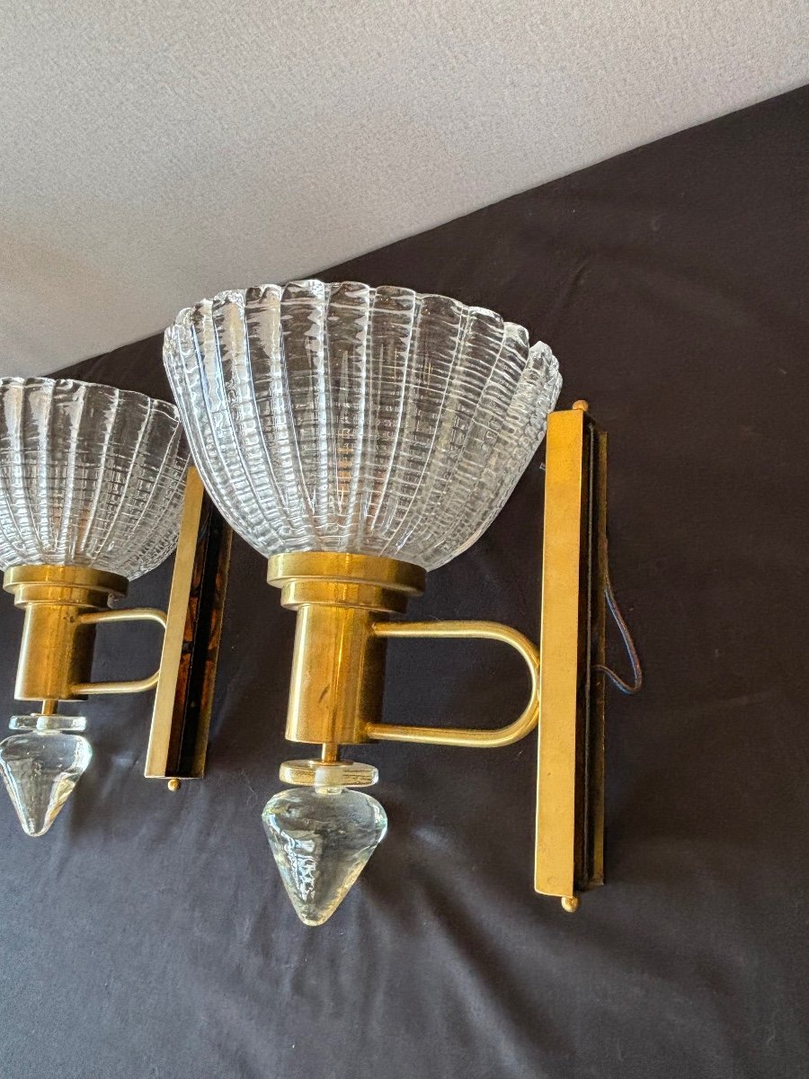 Paire D’appliques Murales En Verre De Murano Et Laiton, Italie, 1960-photo-5