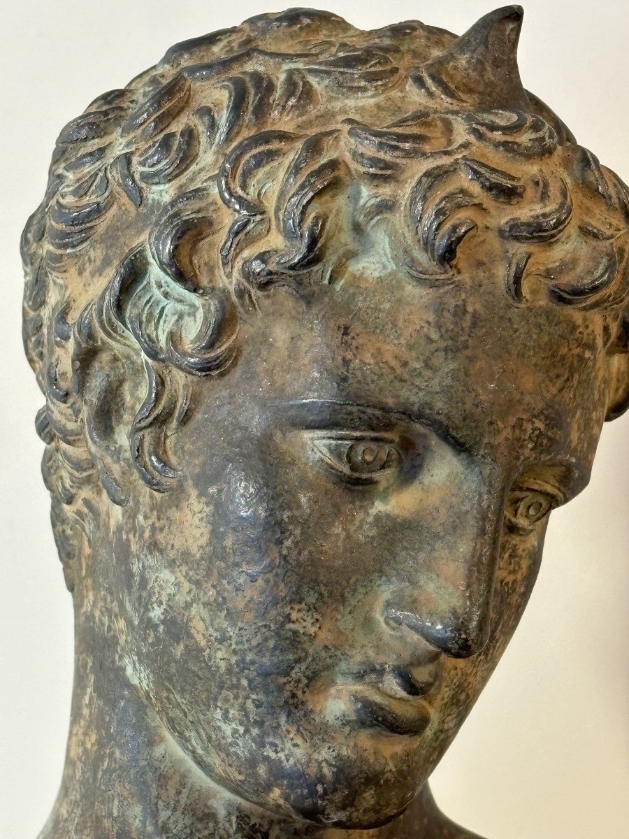 Terracotta Sculpture With Bronze Patina, Reproduction Of The Ephebe Of Marathon, Circa 1950.-photo-3