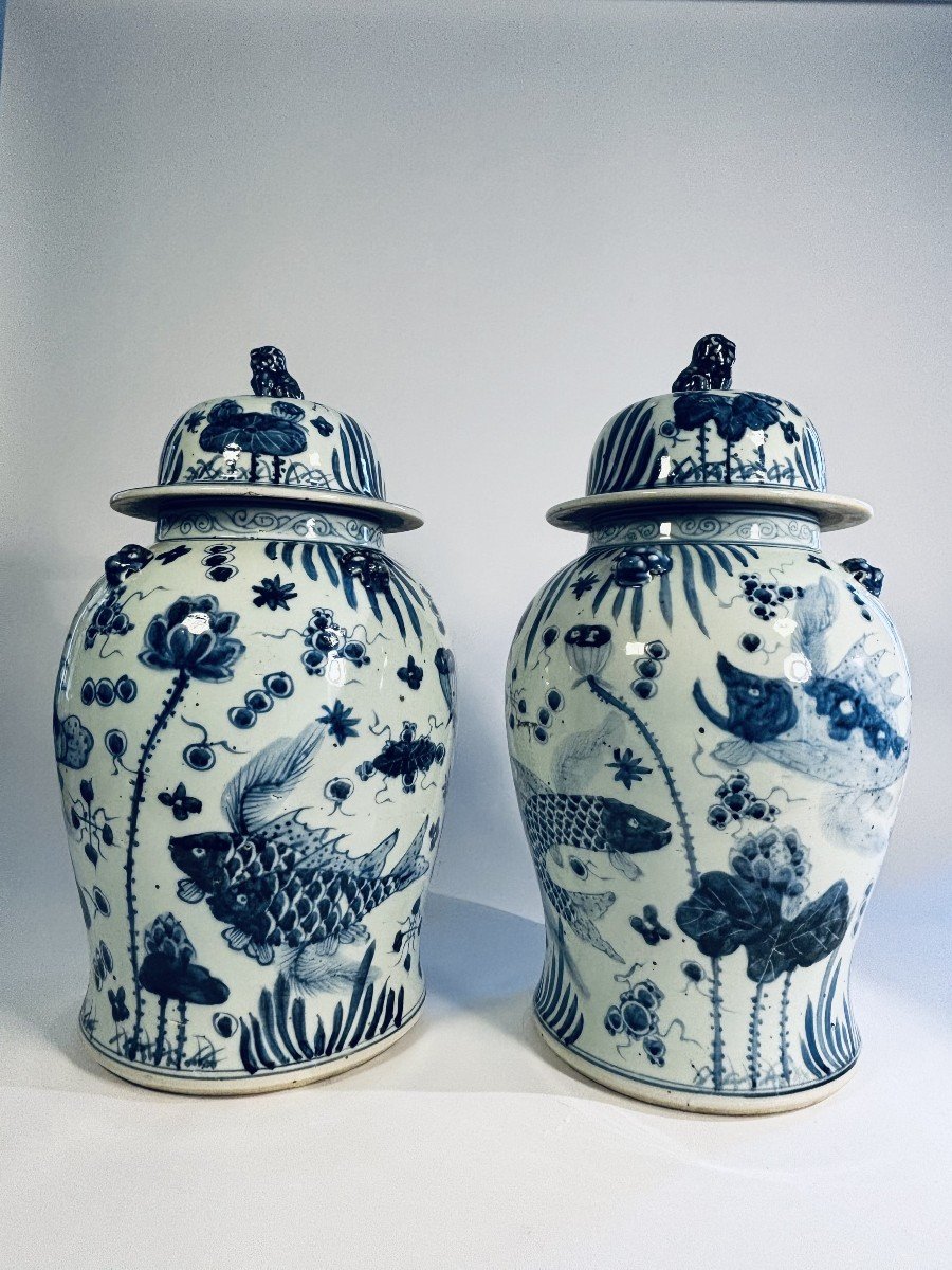 Imposing Pair Of Chinese Blue-white Porcelain Jars, 20th Century-photo-1