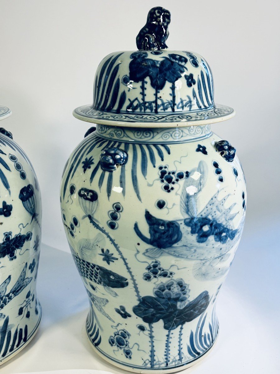 Imposing Pair Of Chinese Blue-white Porcelain Jars, 20th Century-photo-3