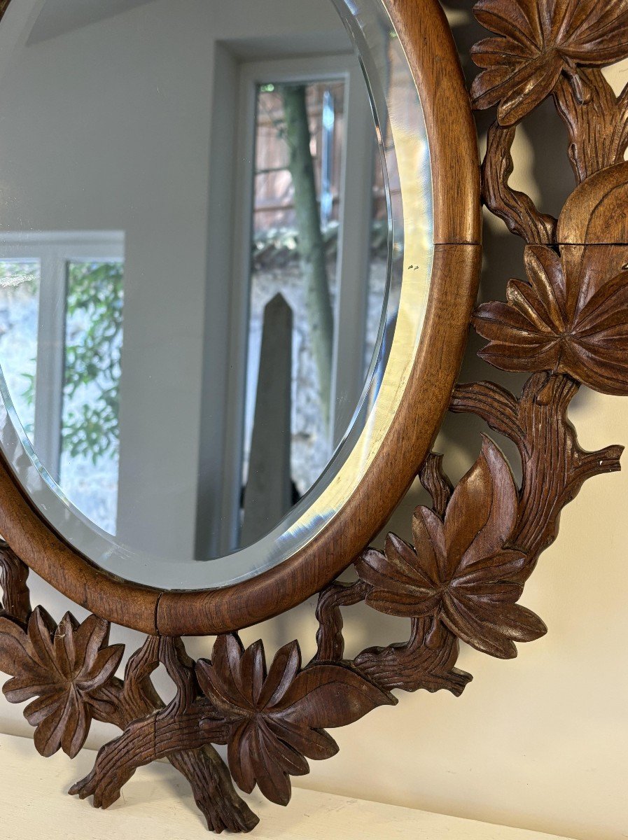 Oval Carved Wood Mirror With Foliage Decoration, Mercury Bevelled Mirror, 19th Century-photo-2