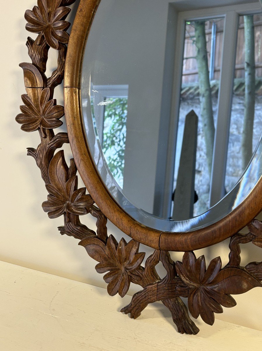 Oval Carved Wood Mirror With Foliage Decoration, Mercury Bevelled Mirror, 19th Century-photo-3