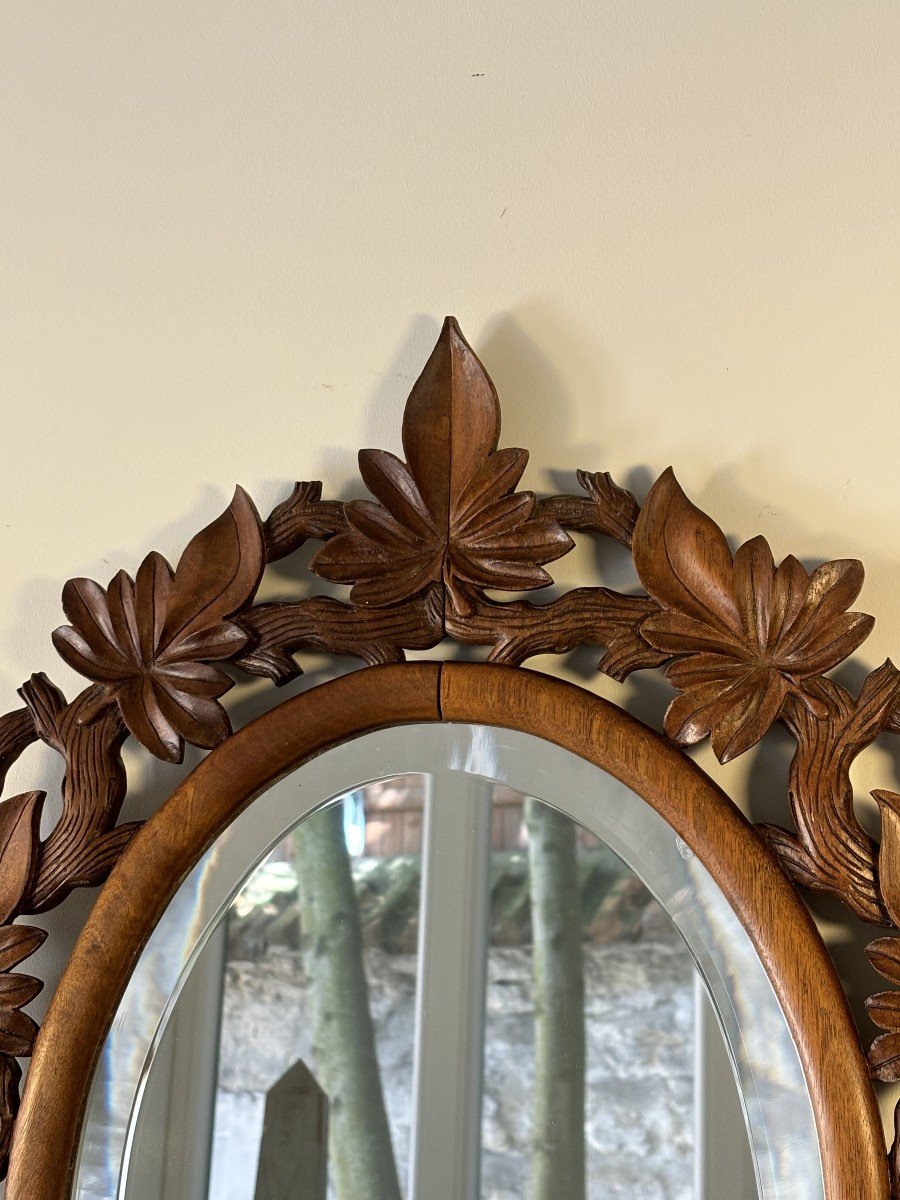 Oval Carved Wood Mirror With Foliage Decoration, Mercury Bevelled Mirror, 19th Century-photo-4