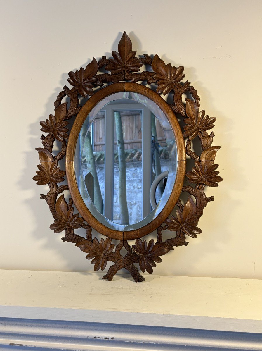 Oval Carved Wood Mirror With Foliage Decoration, Mercury Bevelled Mirror, 19th Century-photo-1