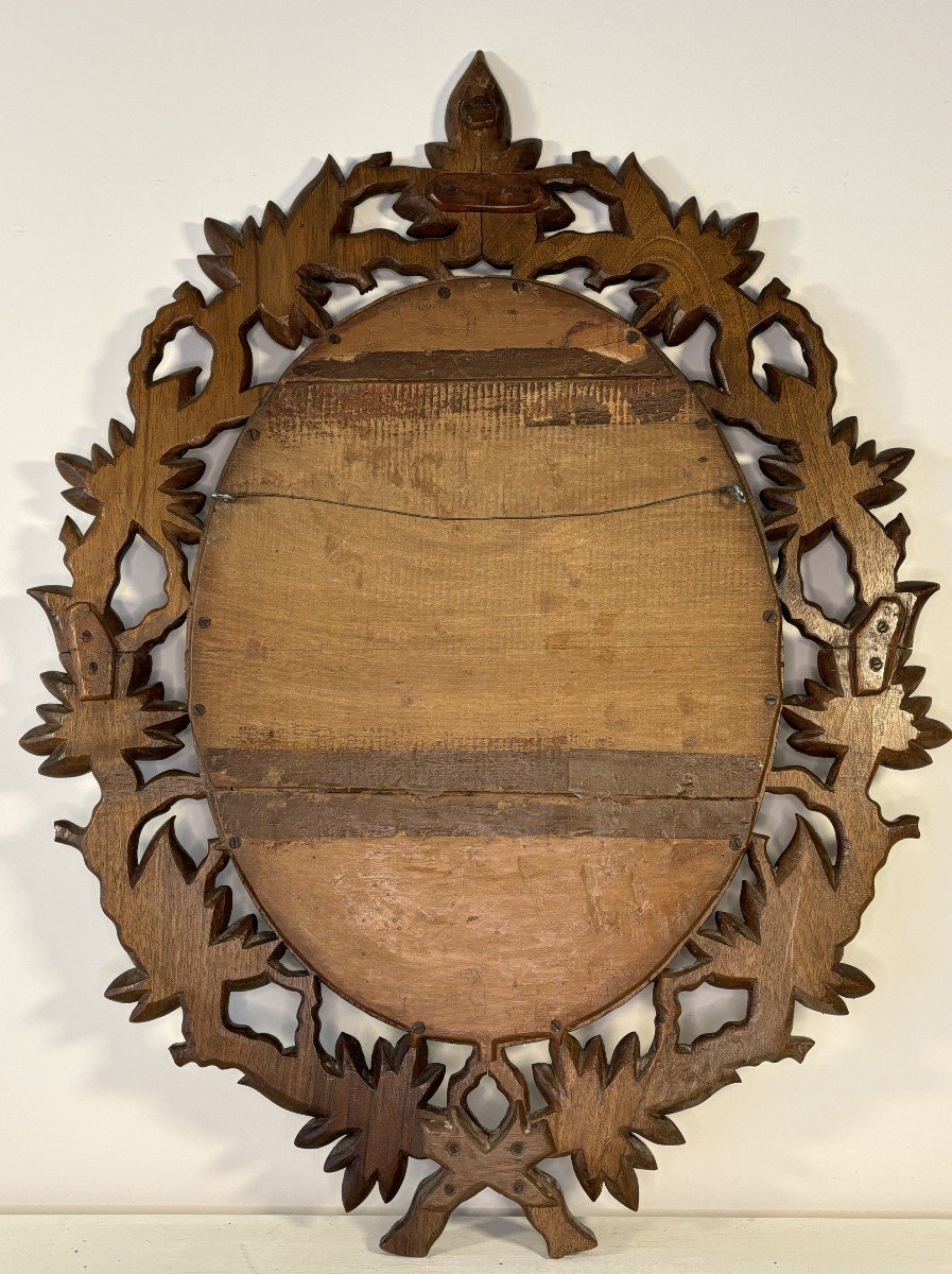 Oval Carved Wood Mirror With Foliage Decoration, Mercury Bevelled Mirror, 19th Century-photo-4