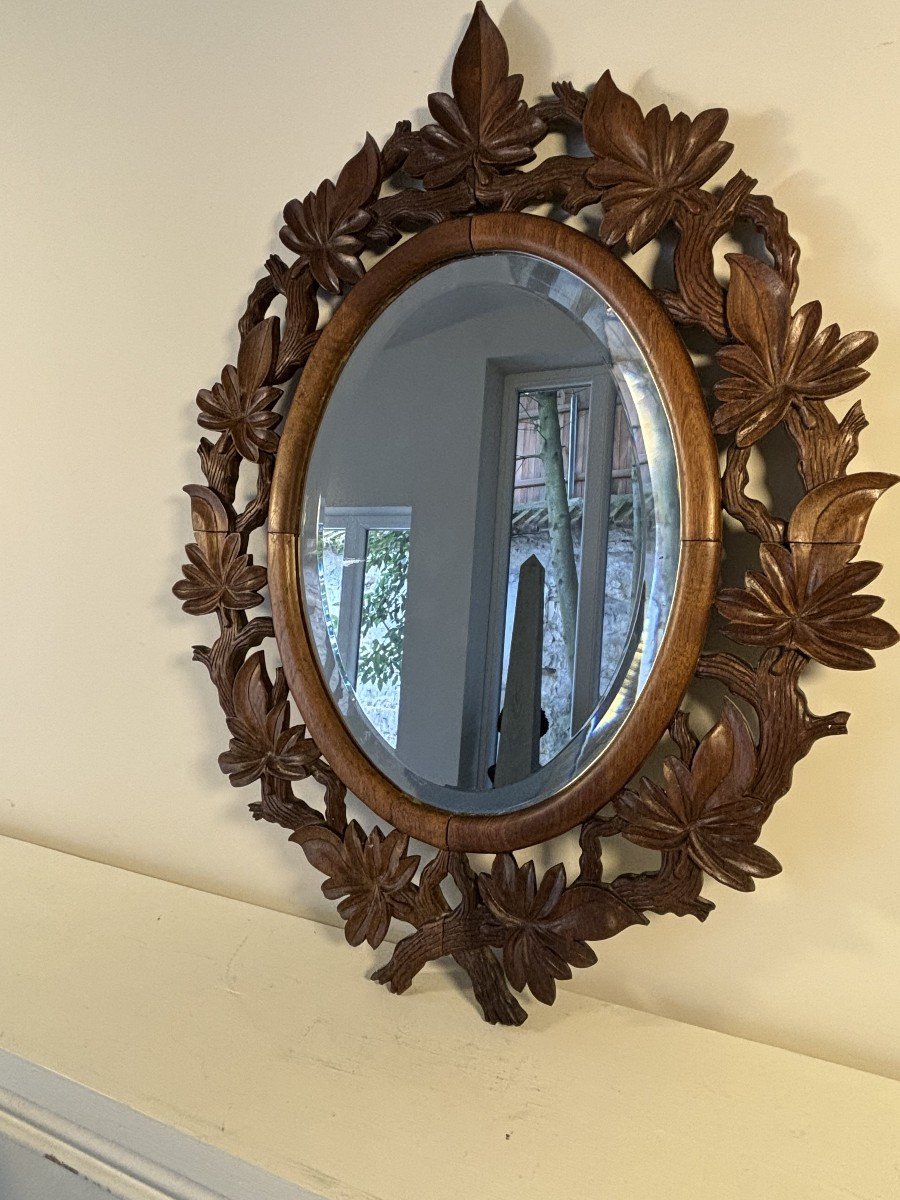 Oval Carved Wood Mirror With Foliage Decoration, Mercury Bevelled Mirror, 19th Century-photo-8