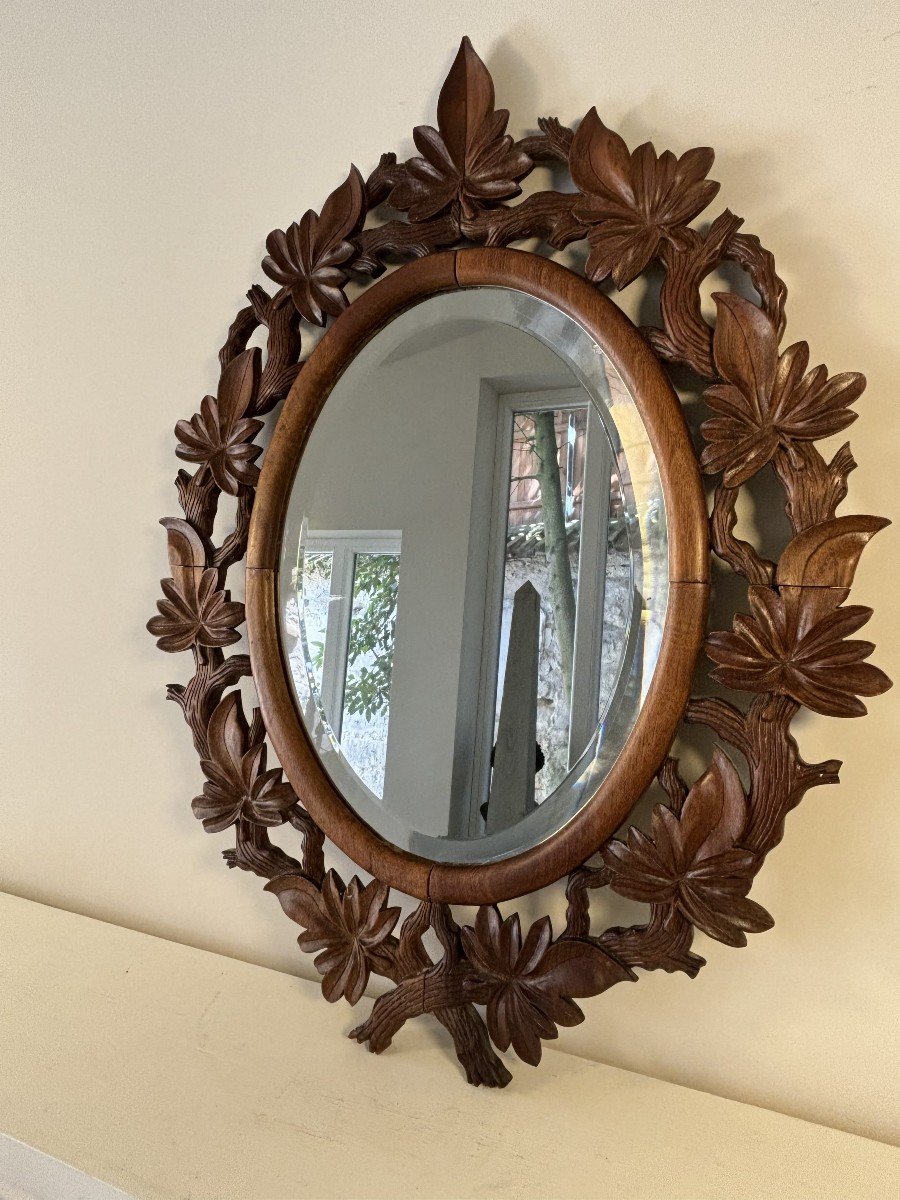 Oval Carved Wood Mirror With Foliage Decoration, Mercury Bevelled Mirror, 19th Century