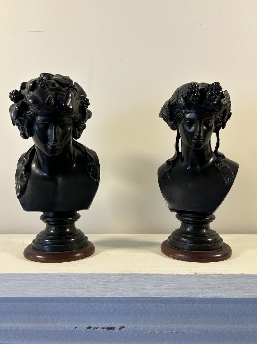 Two Bronze Bustes With Black Patina From Antique, 19th Century