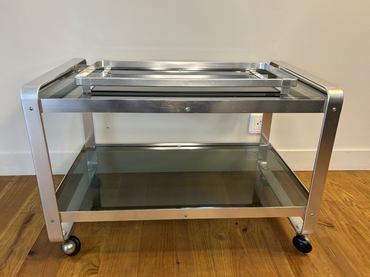 Desserte Roulante En Acier Brossé et verre teinté, Vendu Avec Son Plateau. Années 70