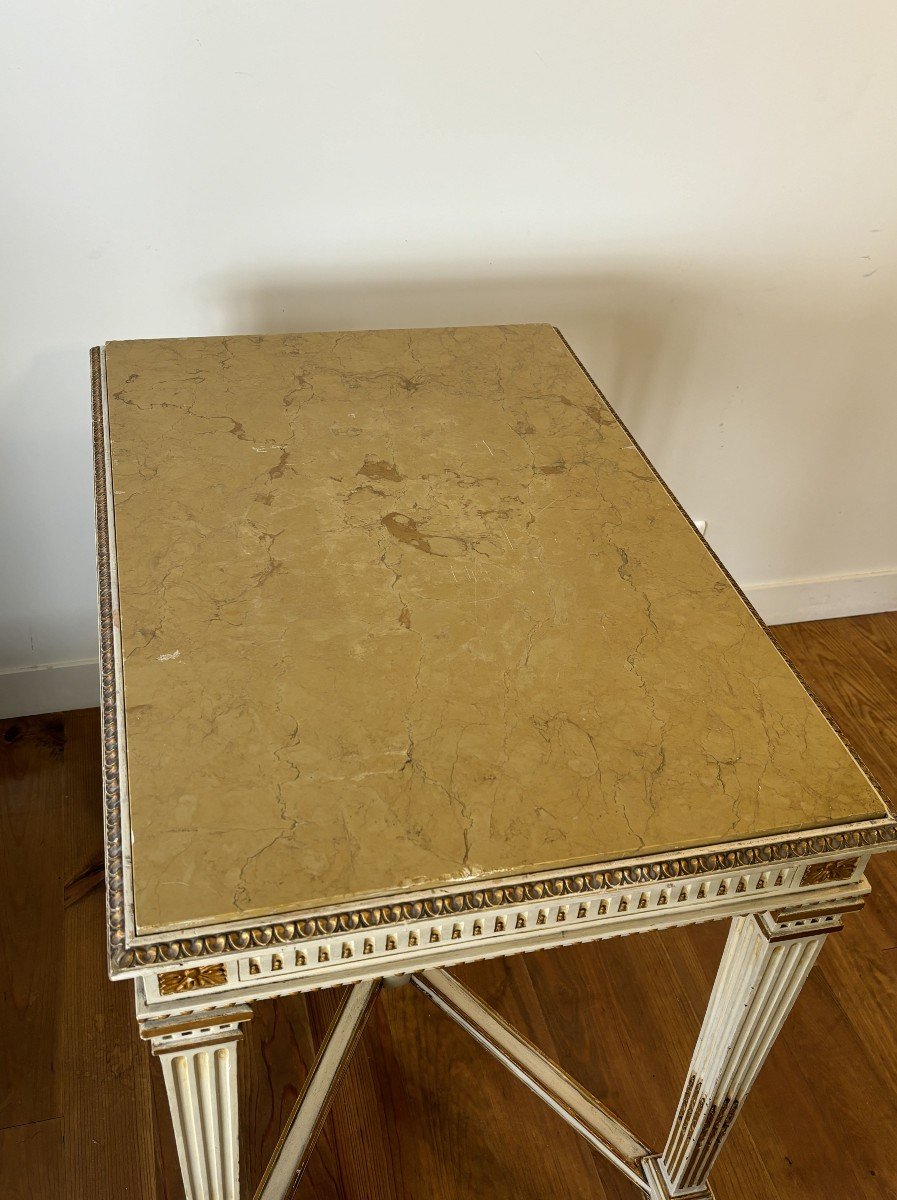 Neoclassical Italian Console Table In Lacquered And Gilded Wood, Marble Top. Mid 20th Century.-photo-3