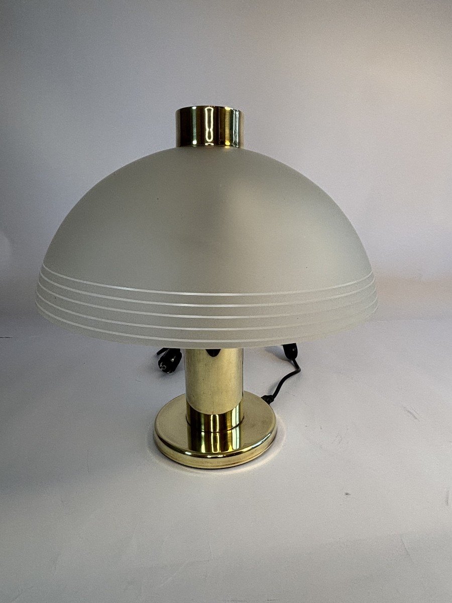 Vintage Brass And Frosted Glass Lamp - Deknudt, Belgium, Circa 1960-photo-1